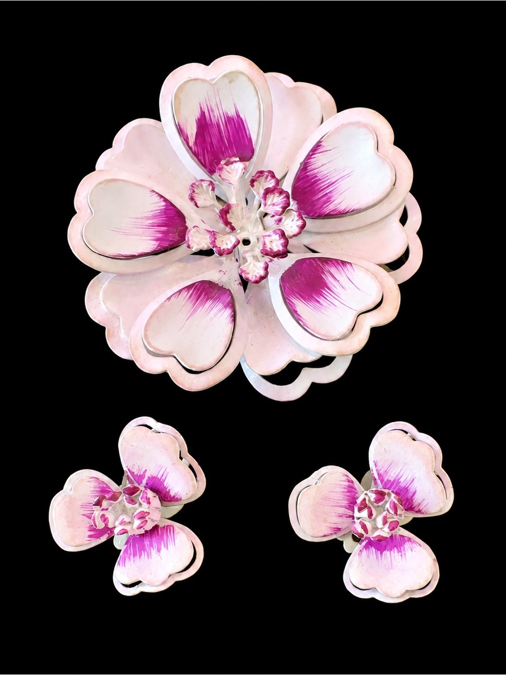 Mid-Century Mod Flower Power Brooch & Matching Paddle Clip Earrings Demi Parure